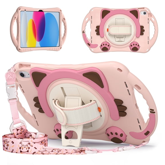 TECH CIRCLE iPad 10.9 inch 10th Generation Case for Kids, Heavy Duty Rugged Protection Kid-Friendly Handle Stand Shoulder Strap Cute Cat Case for Apple iPad 10th Generation 10.9 inch 2022, Pink