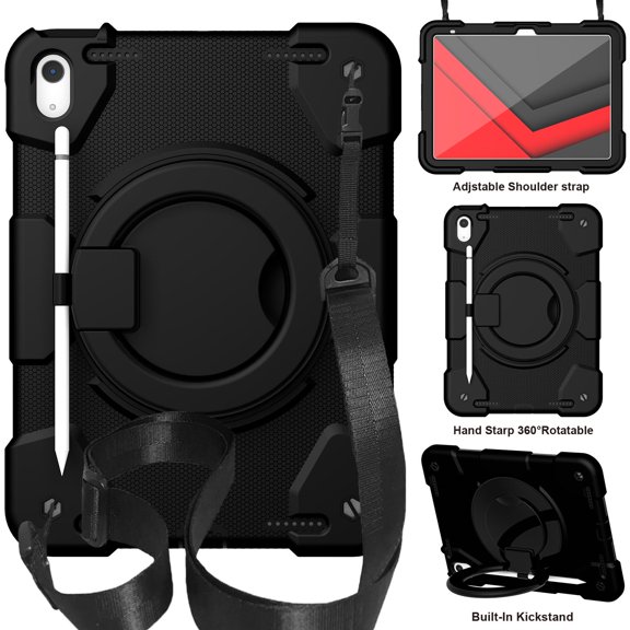 TECH CIRCLE iPad 10th Gen 10.9 inch Case 2022,iPad 10.9 Case with Pencil Holder, 360°Rotating Kickstand/Ring Handle/Shoulder Strap Heavy Duty Protection Silicone Shockproof Kids Cover,Black