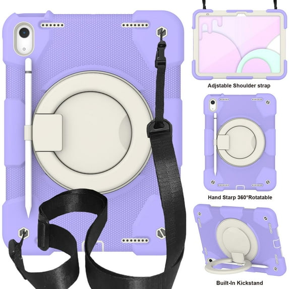 TECH CIRCLE iPad 10th Gen 10.9 inch Case 2022,iPad 10.9 Case with Pencil Holder, 360°Rotating Kickstand/Ring Handle/Shoulder Strap Heavy Duty Protection Silicone Shockproof Kids Cover,Purple