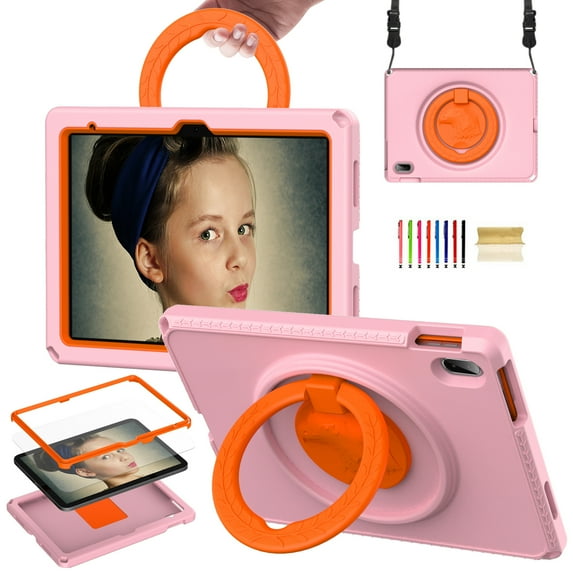 TECH CIRCLE iPad 10th Gen 10.9 inch Case 2022,iPad 10.9 Case with Screen Protector, 360°Rotating Kickstand/Ring Handle/Shoulder Strap Heavy Duty Protection Soft Silicone Shockproof Kids Cover,Pink