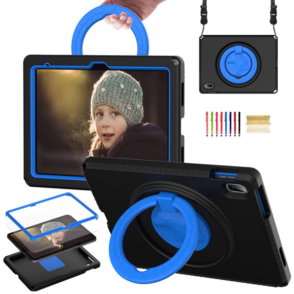 TECH CIRCLE iPad 10th Gen 10.9 inch Case 2022,iPad 10.9 Case with Screen Protector, 360°Rotating Kickstand/Ring Handle/Shoulder Strap Heavy Duty Protection Soft Silicone Shockproof Kids Cover,Black