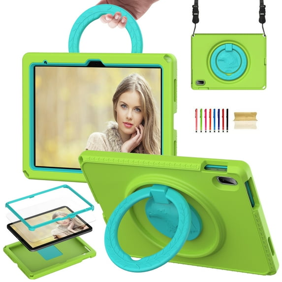 TECH CIRCLE iPad 10th Gen 10.9 inch Case 2022,iPad 10.9 Case with Screen Protector, 360°Rotating Kickstand/Ring Handle/Shoulder Strap Heavy Duty Protection Soft Silicone Shockproof Kids Cover,Green