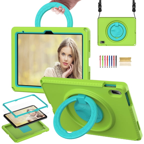 TECH CIRCLE iPad 10th Gen 10.9 inch Case 2022,iPad 10.9 Case with Screen Protector, 360°Rotating Kickstand/Ring Handle/Shoulder Strap Heavy Duty Protection Soft Silicone Shockproof Kids Cover,Green