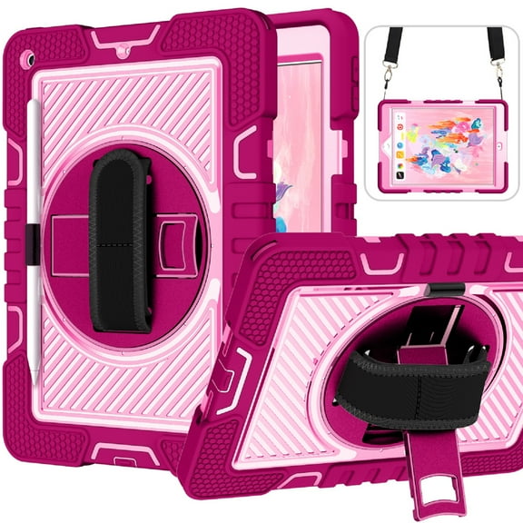 TECH CIRCLE iPad 10th Generation Case 10.9 Inch 2022,Heavy Duty Rugged Protective Case Rotating Hand Strap Stand Handle Shoulder Strap Kids Case for iPad 10th Generation iPad 10.9 Inch 2022,Rose+Pink