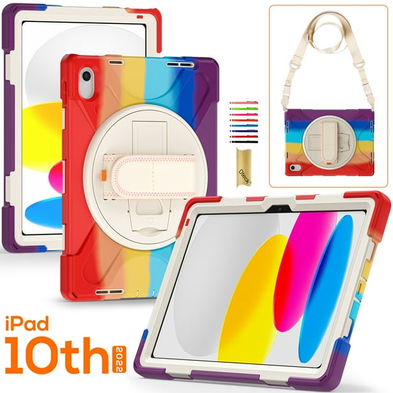 TECH CIRCLE iPad 10th Generation Case 10.9 Inch, Shockproof Rugged Drop Protection Cover with 360° Rotatable Kickstand & Shoulder Strap for 10.9" iPad Case 2022 Released, Rainbow Red