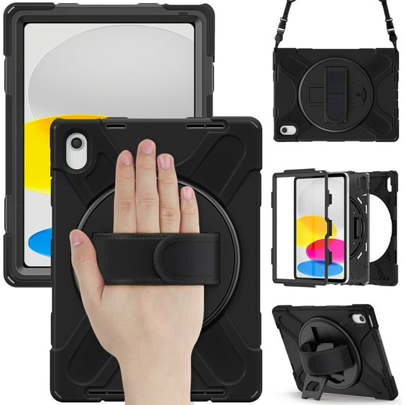 TECH CIRCLE iPad 10th Generation Case 10.9 Inch, Shockproof Rugged Drop Protection Cover with 360° Rotatable Kickstand & Shoulder Strap for 10.9" iPad Case 2022 Released, Black