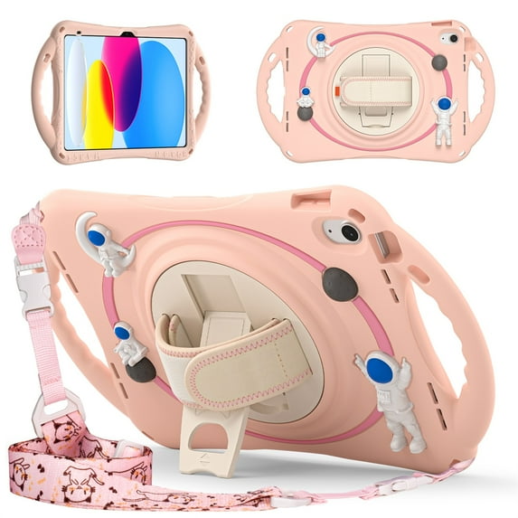 TECH CIRCLE iPad 10th Generation Case,iPad 10.9 inch 2022 Case for Kids,360 Rotating Handle Stand Pencil Holder Hand Shoulder Strap Shockproof Kids Case for iPad 10th Generation 10.9 inch 2022,Pink