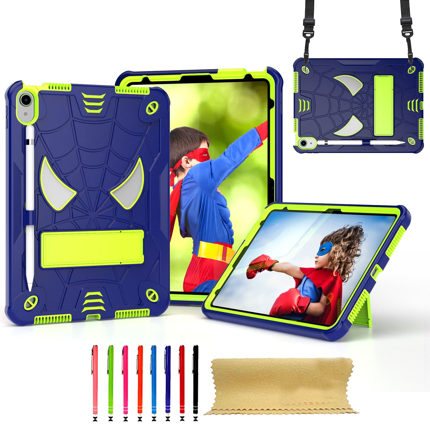 TECH CIRCLE for iPad 11-inch A16 (2025), iPad 10.9" (10th Gen) 2022 Release Shockproof Case with Kickstand/Pencil Holder Loop/Shoulder Strap/Stylus, Cute Spider Rugged Cover, Blue+Chartreuse