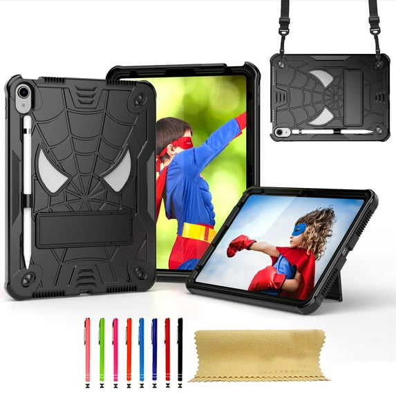 TECH CIRCLE for iPad 11-inch A16 (2025), iPad 10.9" (10th Gen) 2022 Release Shockproof Case with Kickstand/Pencil Holder Loop/Shoulder Strap/Stylus, Cute Cool Spider Protective Rugged Cover, Black