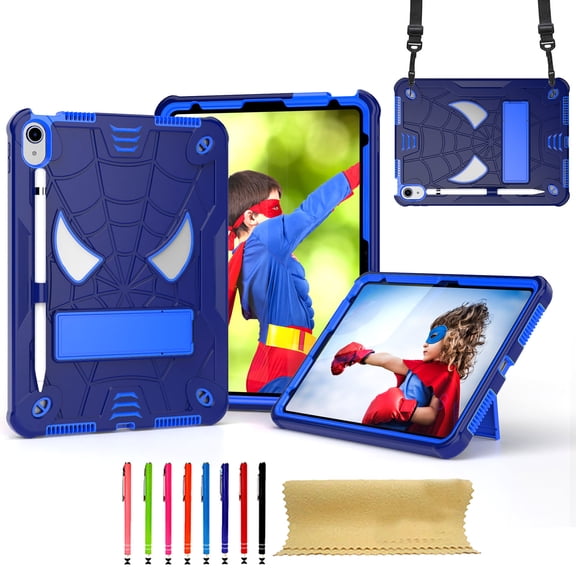 TECH CIRCLE for iPad 11-inch A16 (2025), iPad 10.9" (10th Gen) 2022 Release Shockproof Case with Kickstand/Pencil Holder Loop/Shoulder Strap/Stylus, Cute Spider Protective Rugged Cover, Navy+Blue