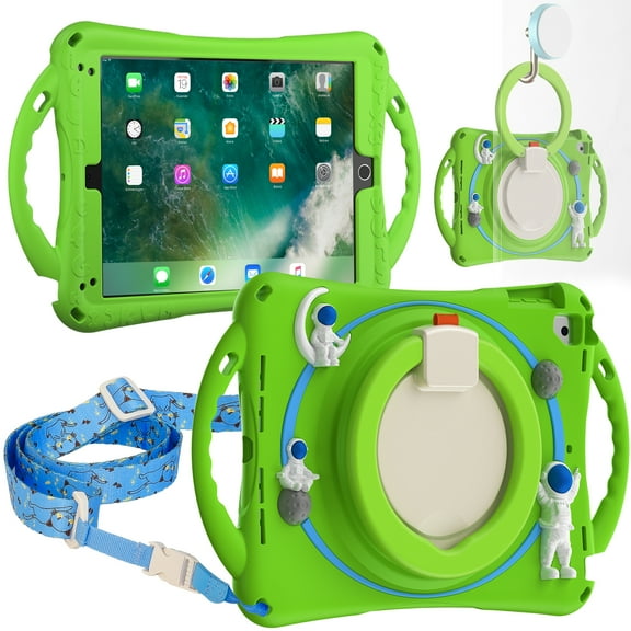 TECH CIRCLE iPad 6th 5th Generation Case,360°Rotating Stand Multi Functional Handle Ring Heavy Duty Shockproof Rugged Protective Case with Shoulder Strap Case for iPad Air 1/Air 2/iPad Pro 9.7, green
