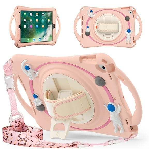 TECH CIRCLE iPad 9.7 Inch 5th/6th Generation 2018/2017 Case, 360 Rotating Handle Stand Case with Pencil Holder Hand Shoulder Strap Shockproof Kids Friendly Case for iPad Pro 9.7/Air 2nd/Air 1st,Pink