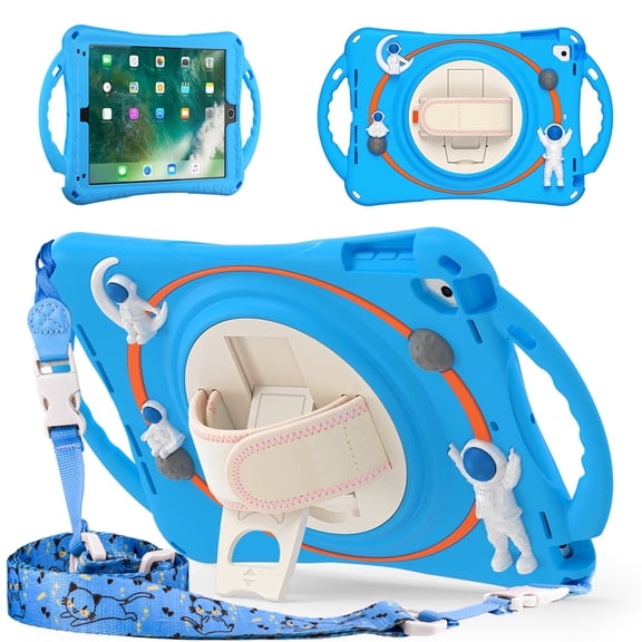 TECH CIRCLE iPad 9.7 Inch 5th/6th Generation 2018/2017 Case, 360 Rotating Handle Stand Case with Pencil Holder Hand Shoulder Strap Shockproof Kids Friendly Case for  iPad Pro 9.7/Air 2nd/Air 1st,Blue