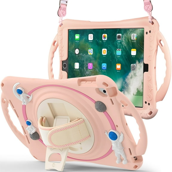 TECH CIRCLE iPad 9th/ 8th/ 7th Generation Case 10.2 inch, 360 Rotating Handle Stand Case with Pencil Holder Hand Shoulder Strap Shockproof Kids Case,Also fit iPad Air 3 / Pro 10.5 Inch, Pink