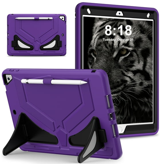 TECH CIRCLE iPad 9th 8th 7th Generation Kids Case 2021 2020 2019,iPad 10.2" Case with Pencil Holder,Shockproof Portable Handle Stand Protective Kids Case for iPad 9th 8th 7th Gen 10.2 inchPurple+Black