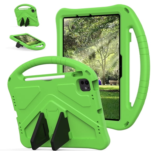 TECH CIRCLE for iPad Air 11 Inch M2 2024/iPad Pro 11 inch 2024 M4 Kids Case with Pencil Holder, Kiddie Lightweight Shockproof Full-Body Handle Stand EVA Tablet Protective Kids Friendly Case,Green