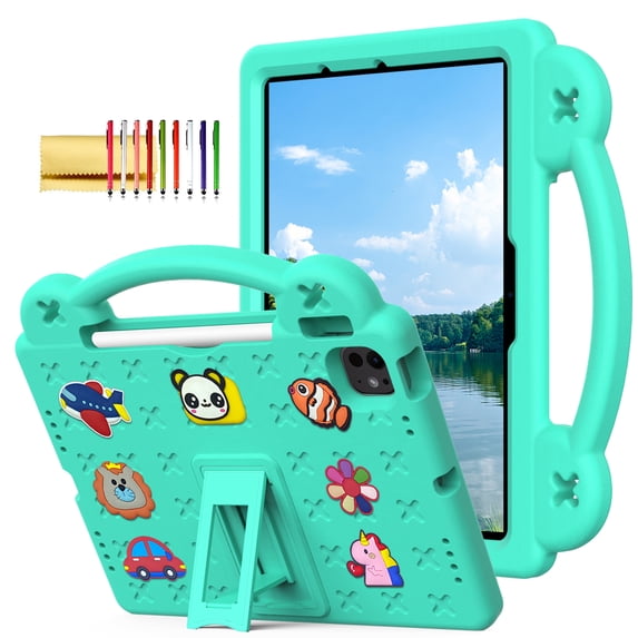 TECH CIRCLE for iPad Air 6th Gen 11 Inch Case 2024,iPad Pro 11 Inch Case 2024 5th Gen(M4),Cartoon Panda Shockproof Rugged Lightweight Convertible Stand Kids Friendly Tablet Case with Handles,Mint