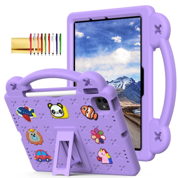 TECH CIRCLE for iPad Air 6th Gen 11 Inch Case 2024,iPad Pro 11 Inch Case 2024 5th Gen(M4),Cartoon Panda Shockproof Rugged Lightweight Convertible Stand Kids Friendly Tablet Case with Handles,Purple