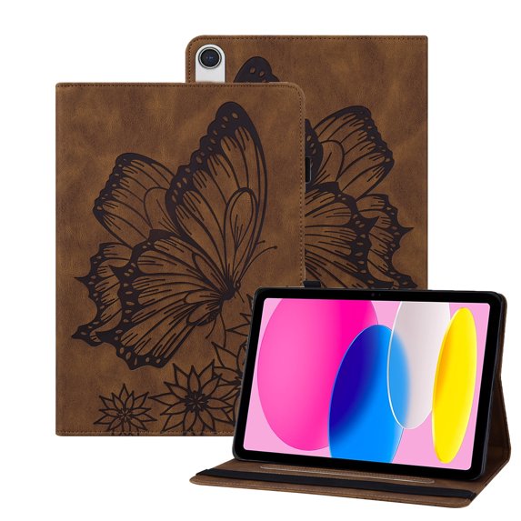 TECH CIRCLE iPad Case for iPad 10th Generation 2022, Slim Folio Stand Butterfly Embossed PU Leather Magnetic Wallet Cover with Pencil Holder & Elastic Strap for iPad 10th Generation 10.9" 2022,Brown