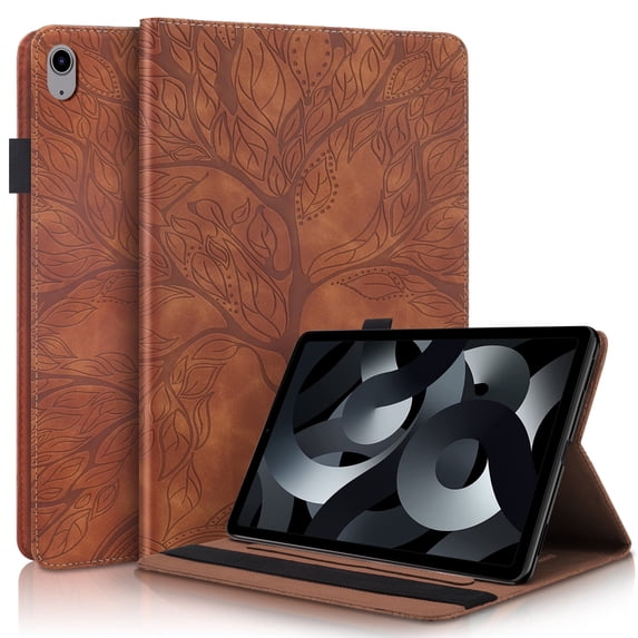 TECH CIRCLE iPad Case for iPad 10th Generation 2022, Slim Folio Stand Tree Embossed Premium Leather Magnetic Cover with Pencil Holder & Elastic Strap for iPad 10th Generation 10.9" 2022,Brown