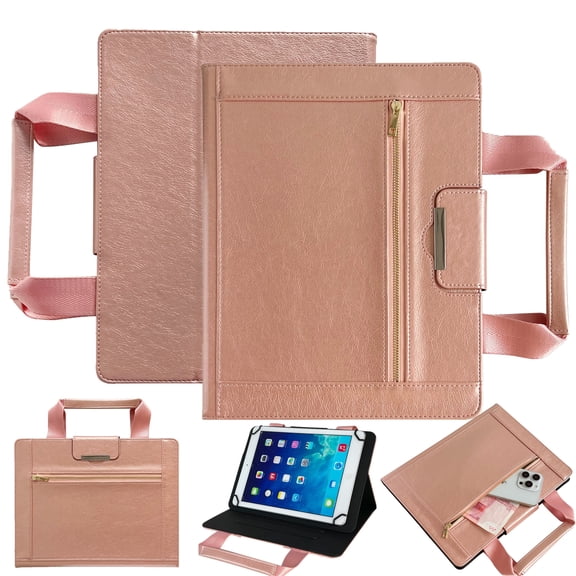 TECH CIRCLE for iPad/Kindle/Android 15/14/13/12/11 Tablet 6.8/6.9/7.0/7.5/7.9/8/8.3/8.4 Inch Universal Protector Case with Zipper Pocket/Handle/Card Slots, PU Leather Folio Fold Stand Cover, Rosegold