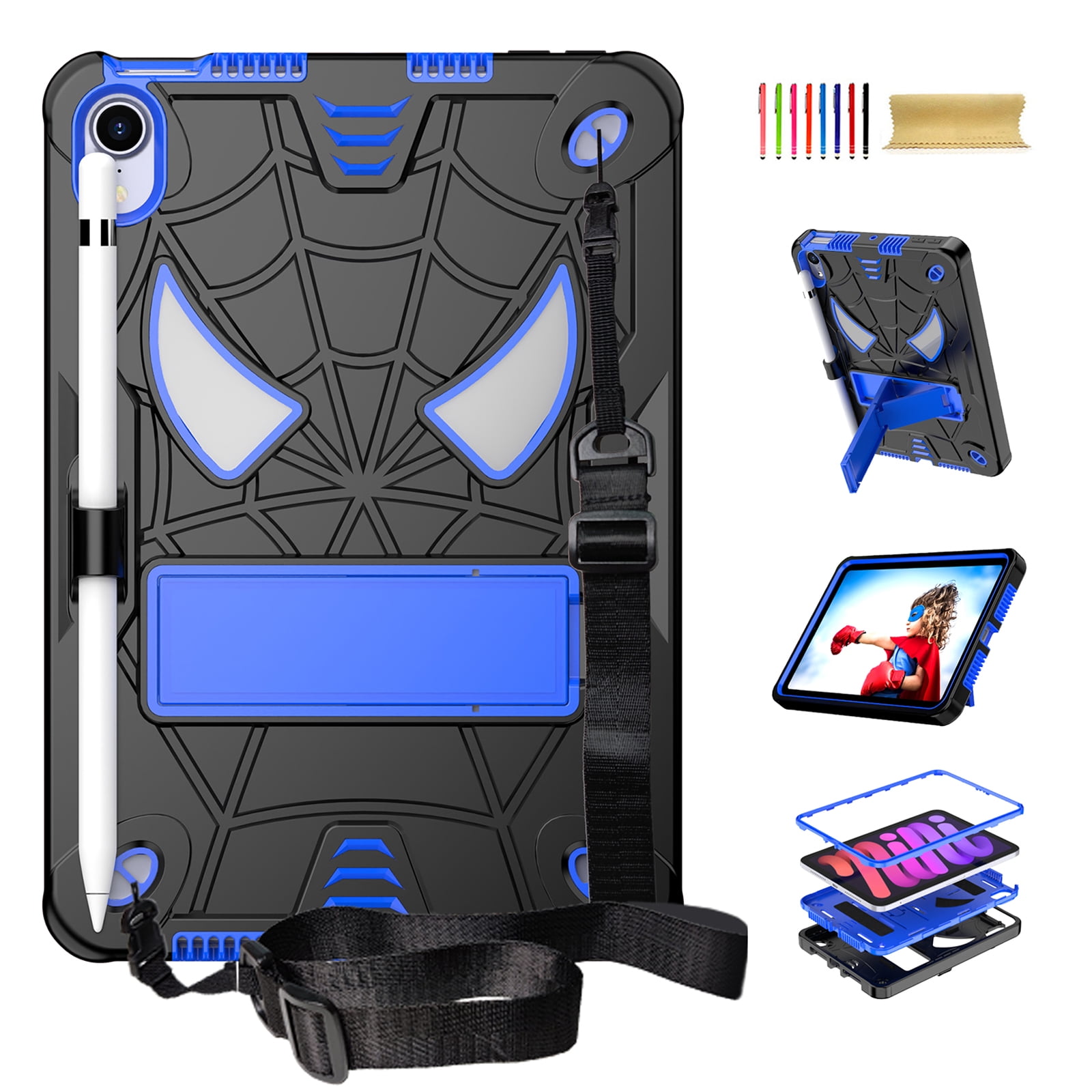 TECH CIRCLE for iPad Mini 8.3" (A17 Pro), iPad Mini 6 (8.3") 3-Layer Rugged Shockproof Case with Shoulder Strap, Built-in Kickstand, Pencil Holder, Cute Spider Heavy Duty Tablet Cover, Black Blue
