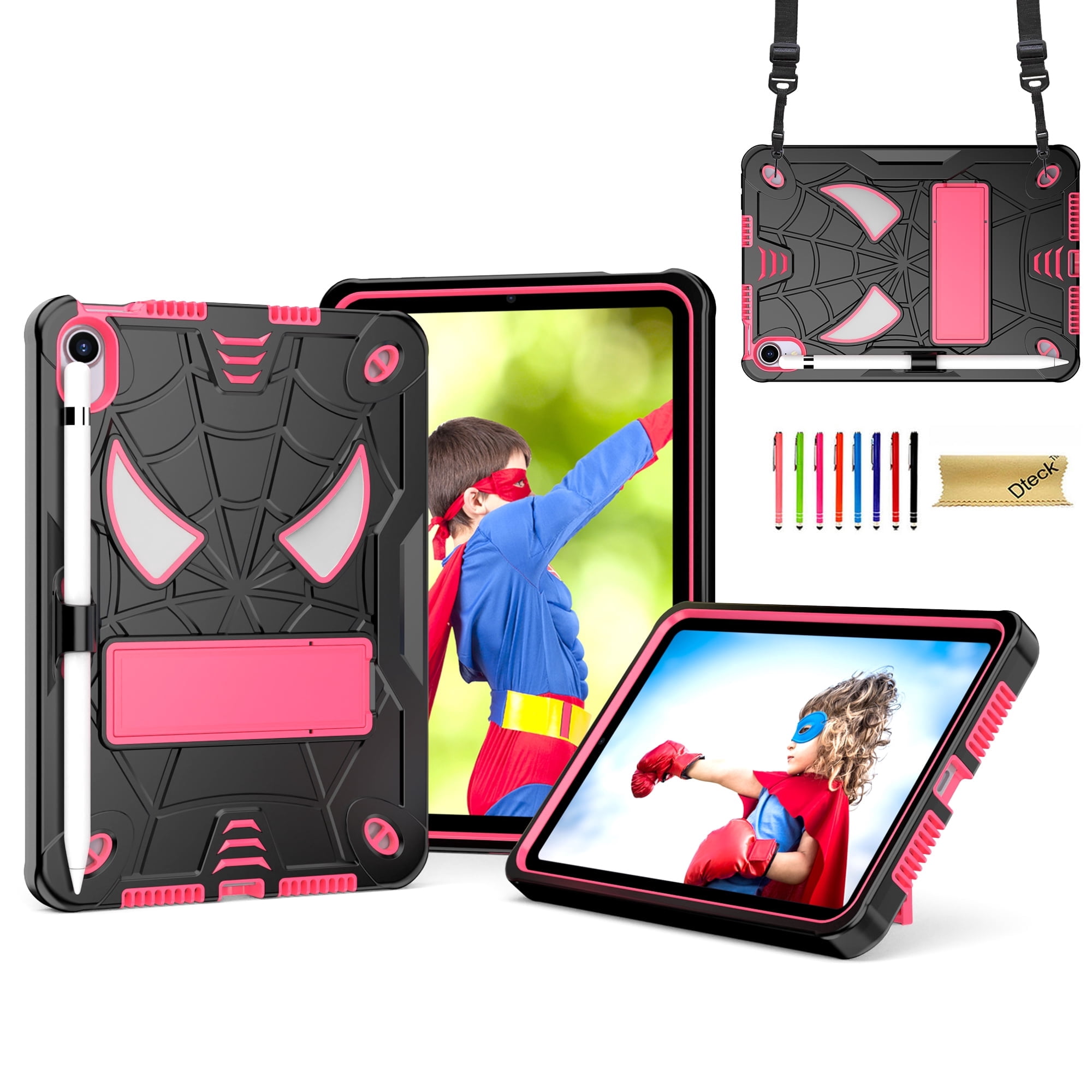 TECH CIRCLE for iPad Mini 7 8.3" (A17 Pro), iPad Mini 6 (8.3") 3-Layer Rugged Shockproof Case with Shoulder Strap, Built-in Kickstand, Pencil Holder, Cute Spider Heavy Duty Tablet Cover, Black Rose