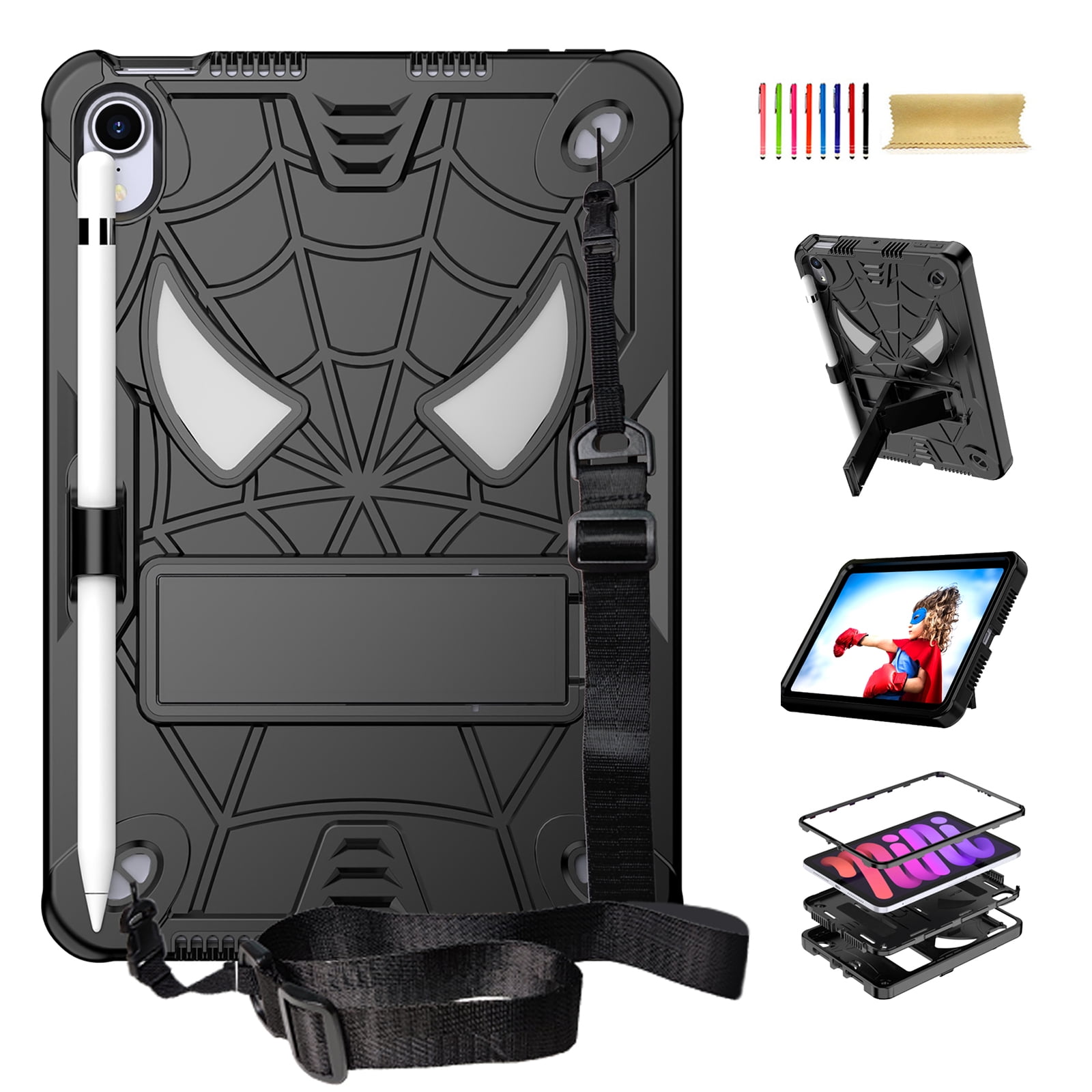 TECH CIRCLE for iPad Mini 8.3" (A17 Pro), iPad Mini 6 (8.3") 3-Layer Rugged Shockproof Case with Shoulder Strap, Built-in Kickstand, Pencil Holder, Cute Spider Heavy Duty Tablet Cover, Black