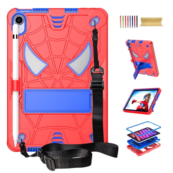 TECH CIRCLE for iPad Mini 7 8.3" (A17 Pro), iPad Mini 6 (8.3") 3-Layer Rugged Shockproof Case with Shoulder Strap, Built-in Kickstand, Pencil Holder, Cute Spider Heavy Duty Tablet Cover, Red Blue