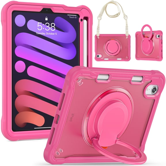 TECH CIRCLE for iPad Mini (A17 Pro) Case 2024, iPad Mini 6th Generation Case 8.3" 2021 Release, Shockproof Case with Kickstand / Handle / Pencil Holder / Shoulder Strap, Durable Portable Cover, Rose