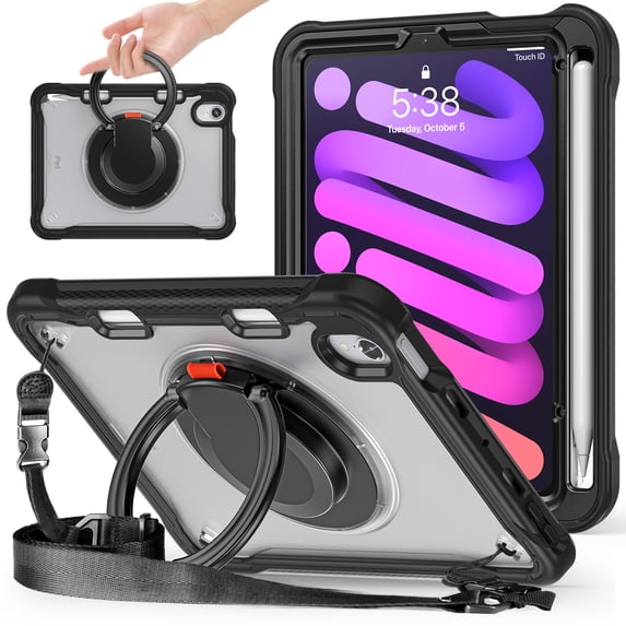 TECH CIRCLE for iPad Mini (A17 Pro) Case 2024, iPad Mini 6th Generation Case 8.3" 2021 Release, Shockproof Case with Kickstand / Handle / Pencil Holder / Shoulder Strap, Durable Portable Cover, Black