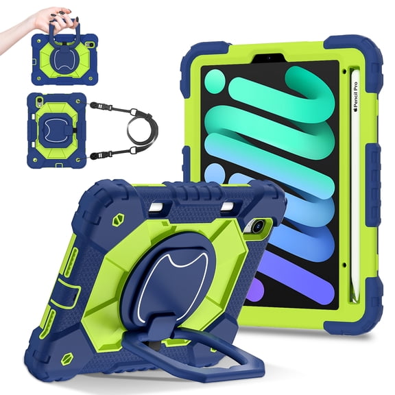 Heavy Duty Shockproof Hard Tablet Case for iPad Mini 8.3" (A17 Pro/6th Generation), 3 Layers Rugged Case with Rotatable Kickstand/Handle/Pen Holder/Shoulder Strap, Blue Green