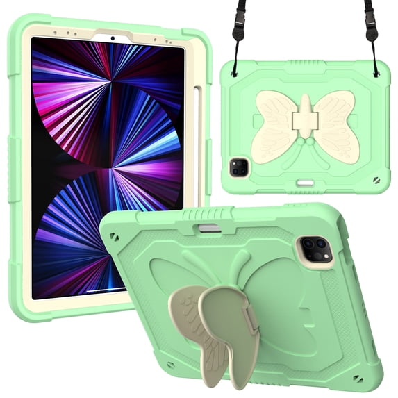 TECH CIRCLE iPad Pro 11 inch Case,iPad Air 5th/4th Generation Case,Heavy Duty Shockproof Protective Case with Kickstand Butterfly Wings Pencil Holder for iPad Pro 11" 4th/3rd/2nd/1st Gen,Green+Beige