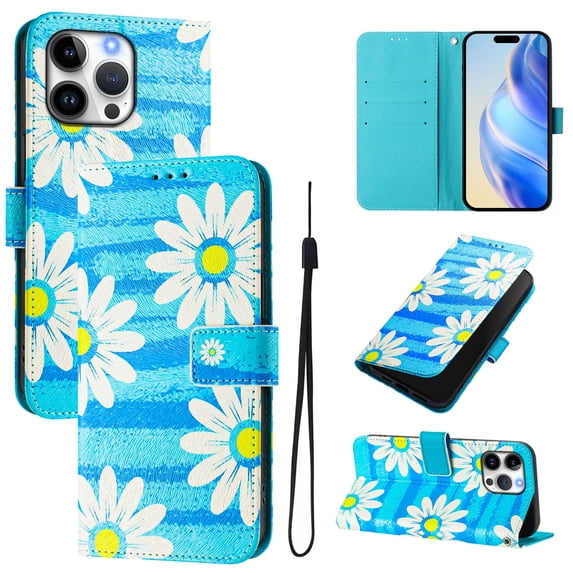 TECH CIRCLE for iPhone 11 Pro Case 5.8" (2019 Release), Cute Cartoon Flip Wallet Phone Case with Lanyard, Built-in Card Slots & Stand Function, Portable Lightweight Slim Folio Cover, Blue Daisy