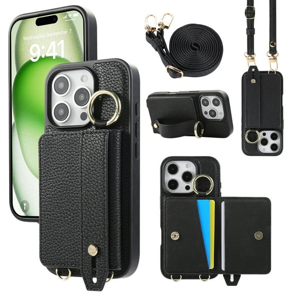 TECH CIRCLE for iPhone 11 Pro Wallet Case with Card Holder, Lanyard Wrist Strap Loop Holder Kickstand RFID Blocking Finger Grip Ring PU Leather Shockproof Cover for iPhone 11 Pro 5.8",Black