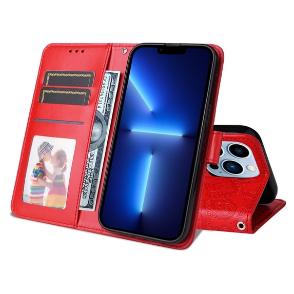 TECH CIRCLE iPhone 11 Pro max case,Embossed PU Premium Leather Wallet Card Cash Slots Magnetic Flip Kickstand Shockproof Cover for iPhone 11 Pro max 6.5 inch,Red