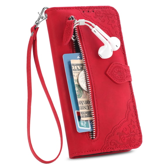 TECH CIRCLE iPhone 11 pro case ,PU Leather Embossed Flower Magnetic Flip Kickstand Shockproof
Protective zipper pocker Cover for iPhone 11 pro,Red
