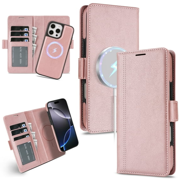 TECH CIRCLE For iPhone 12 / 12 Pro Magnetic PU Leather Case with Detachable Wallet Back Cover, Shock-Absorbent Protective, Anti-Scratch, Card & Cash Slots, Wireless Charging Compatible,Pink