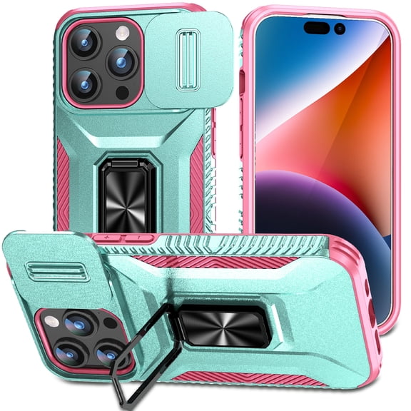 TECH CIRCLE for iPhone 12 / 12 Pro TPU+PC Hybrid Armor Case [Slide Camera Cover][Built-in Ring Holder Kickstand] Military Grade Full Body Shockproof Rugged Dual-Layer Protective,Green