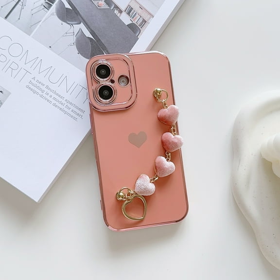 TECH CIRCLE for iPhone 12 Case,Luxury Cute Love Heart Plating Wrist Strap Chain Bracelet Shockproof Protective Soft Bumper Women Girls Case for Apple iPhone 12,Pink