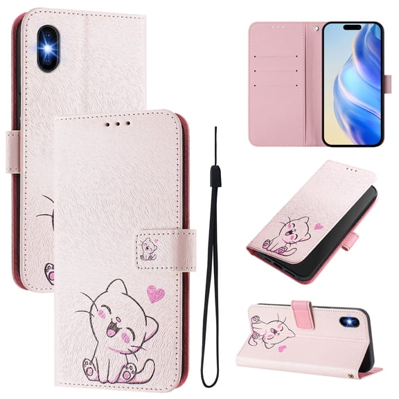 TECH CIRCLE for iPhone 12 Mini Case 5.4-Inch (2020 Release), Cute Cartoon Flip Wallet Phone Case with Lanyard, Built-in Card Slots & Stand Function, Portable Lightweight Slim Folio Cover, Pink Cat