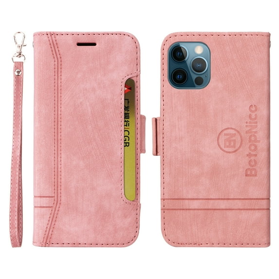 TECH CIRCLE for iPhone 12 Pro/12 6.1 inch Case,Luxury PU Leather Soft TPU Full Body Protection Magnetic Flip Holder Wallet Card Slots with Wrist Strap Shockproof Cover.For iPhone 12 Pro / 12 6.1",Pink