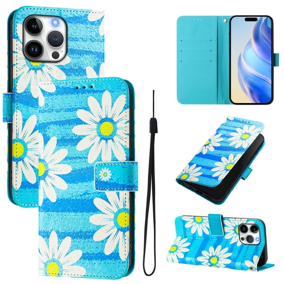TECH CIRCLE for iPhone 12 Pro Max Case 6.7" (2020 Release), Cute Cartoon Flip Wallet Phone Case with Lanyard, Built-in Card Slots & Stand Function, Portable Lightweight Slim Folio Cover, Blue Daisy