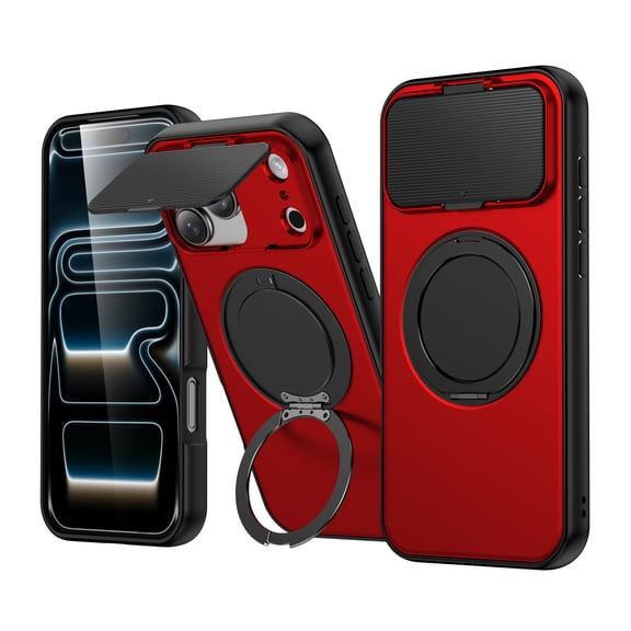TECH CIRCLE for iPhone 12 Pro Max Case, Built-in Camera Cover / Rotating Ring Holder Kickstand, Compatible with MagSafe Charger and Magnetic Accessories, Protective Slim Phone Cover, Red