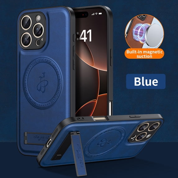 TECH CIRCLE for iPhone 12 Pro Strong Magnetic PC+TPU Case, Detachable Folding Metal Stand Luxury Ultrathin Genuine Leather Cover Slim Lens Protection Shockproof,Blue