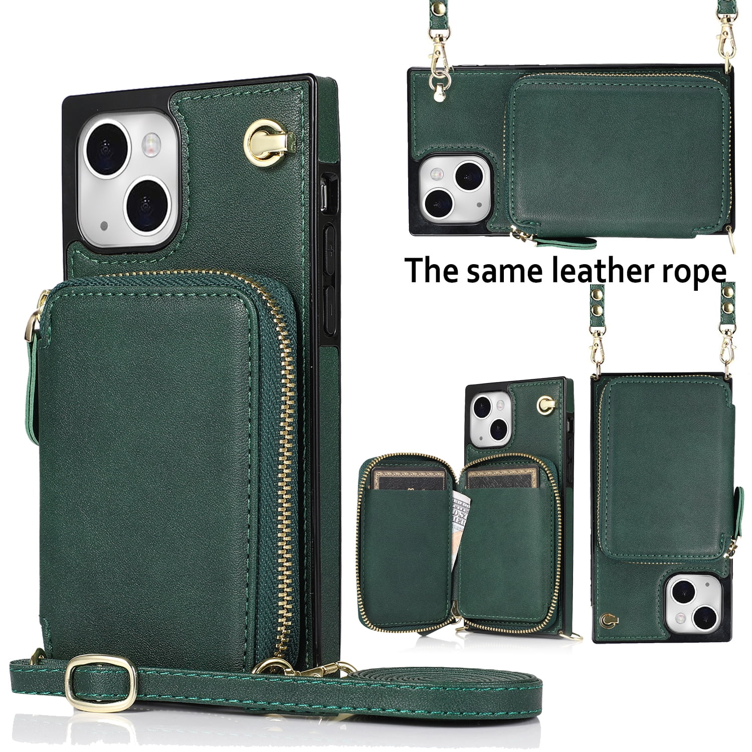 TECH CIRCLE For iPhone 12 Pro Wallet Case,Card Holder Phone Case for Women, Zipper PU Leather Purse Kickstand Folio Flip Case with Crossbody Strap for Apple iPhone 12 Pro 6.1" 2020,Darkgreen