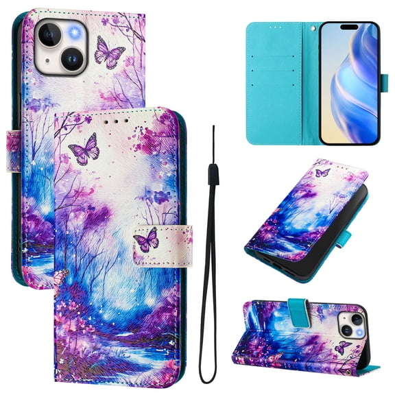 TECH CIRCLE for iPhone 13 Case 6.1-Inch (2021 Release), Cute Cartoon Flip Wallet Phone Case with Lanyard, Built-in Card Slots & Stand Function, Portable Lightweight Slim Cover, Butterfly Forest