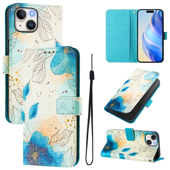 TECH CIRCLE for iPhone 13 Case 6.1-Inch (2021 Release), Cute Cartoon Flip Wallet Phone Case with Lanyard, Built-in Card Slots & Stand Function, Portable Lightweight Slim Folio Cover, Blue Flower