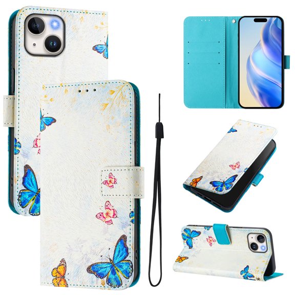 TECH CIRCLE for iPhone 13 Case 6.1-Inch (2021 Release), Cute Cartoon Flip Wallet Phone Case with Lanyard, Built-in Card Slots & Stand Function, Portable Lightweight Slim Folio Cover, Butterflies