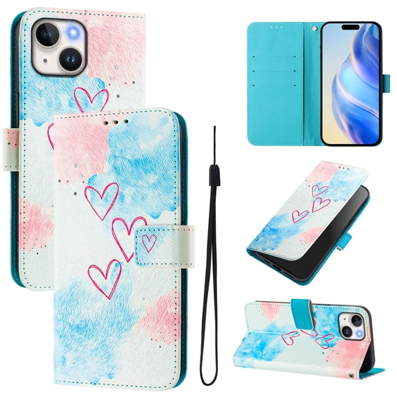 TECH CIRCLE for iPhone 13 Case 6.1-Inch (2021 Release), Cute Cartoon Flip Wallet Phone Case with Lanyard, Built-in Card Slots & Stand Function, Portable Lightweight Slim Folio Cover, Red Hearts